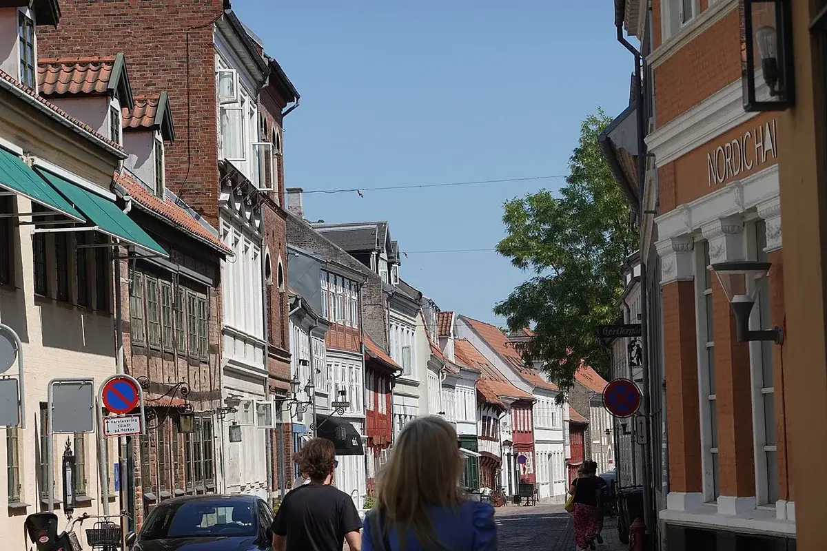 A narrow historic street in Odense lined with old buildings.