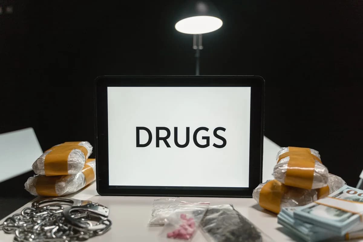A conceptual crime-themed setup with drugs, cash, handcuffs, and a tablet reading "DRUGS".