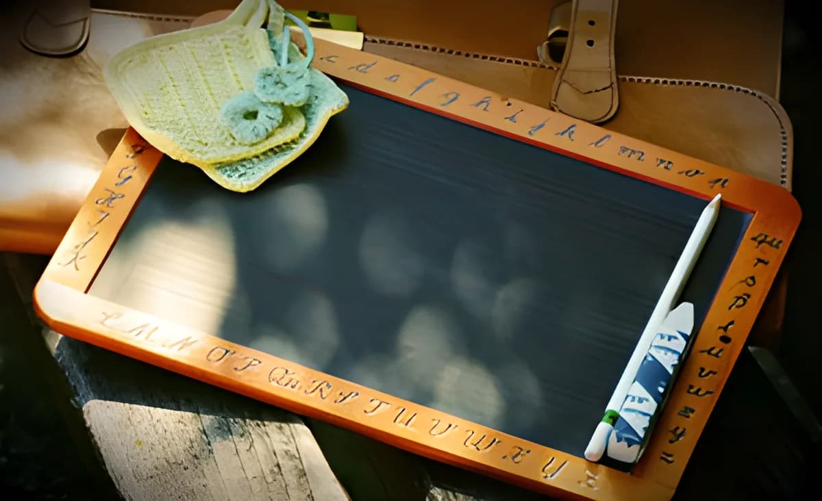 A small handheld blackboard with cursive alphabet writing on the frame, a piece of chalk, an eraser, and a crocheted decoration.