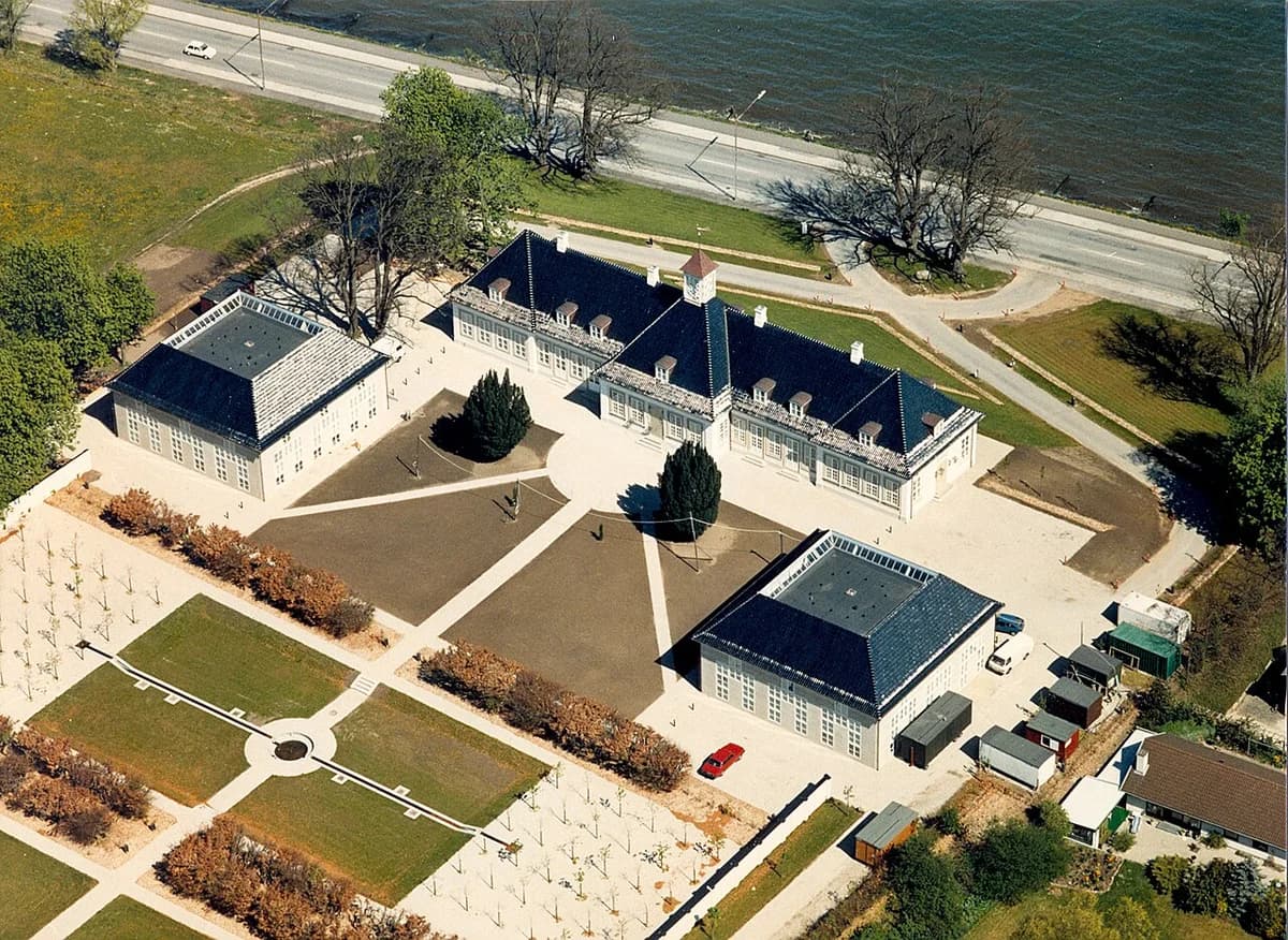 Aerial view of the Sophienberg historic building and gardens by the water in Hørsholm, Denmark.