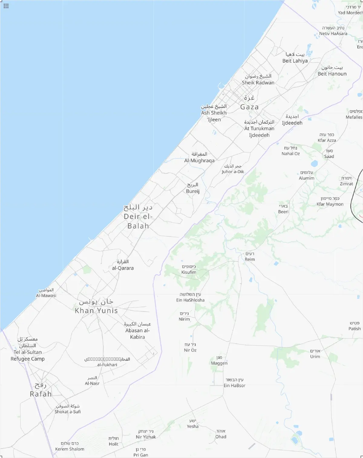Map showing the Gaza Strip and surrounding areas.