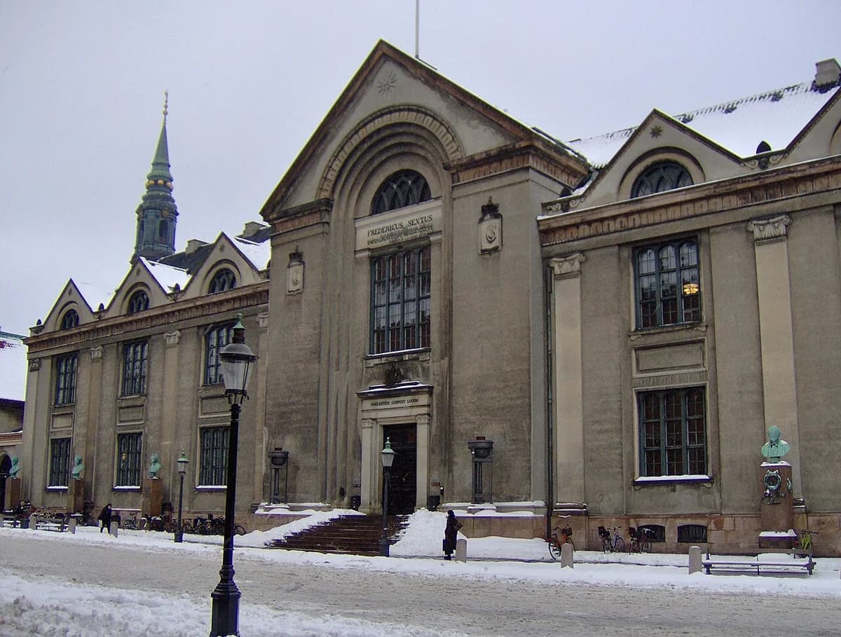Snow-covered exterior of Copenhagen University in central Copenhagen.