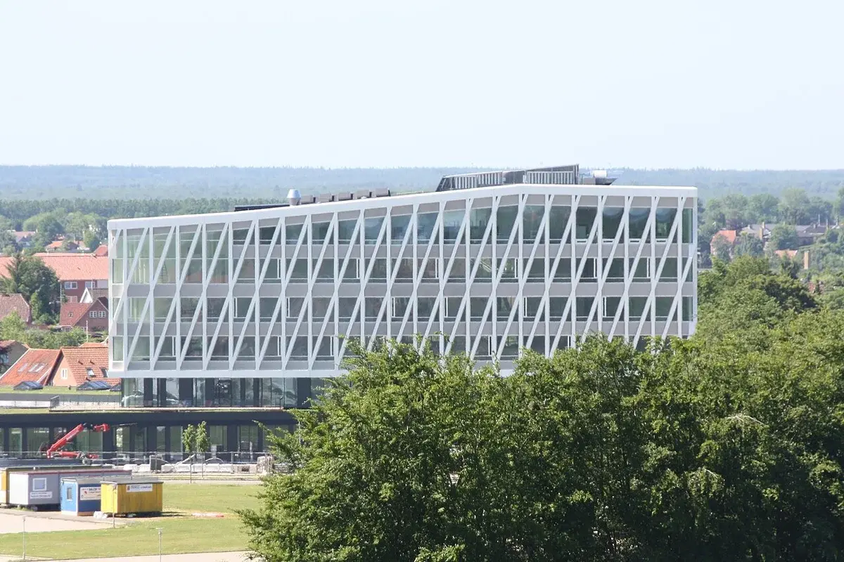 Modern city hall building seen from above in Viborg, Denmark.