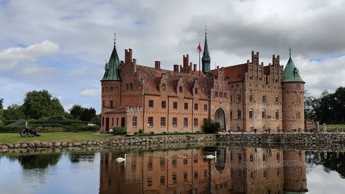 Egeskov Castle reflected in a lake with two swans in front.