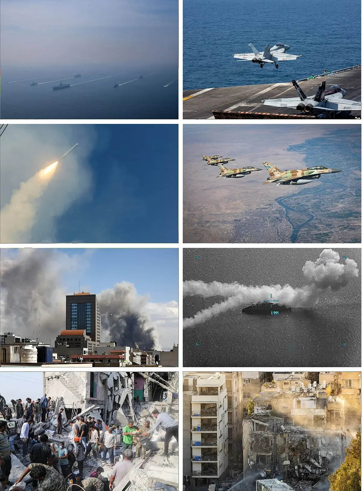 Collage of military scenes and destruction in Iran 2026