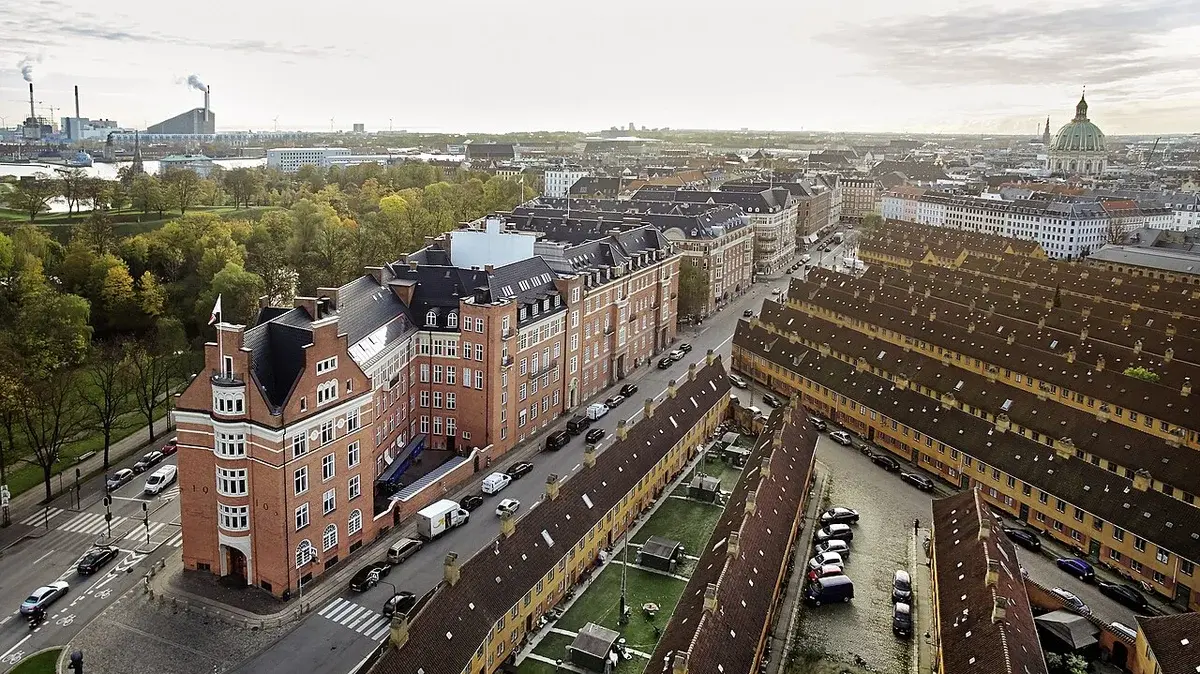 Aerial view of historic buildings and streets in Copenhagen