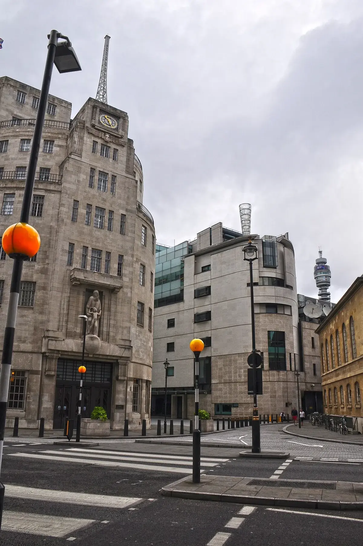BBC Broadcasting House in London with its clock tower and surrounding buildings.