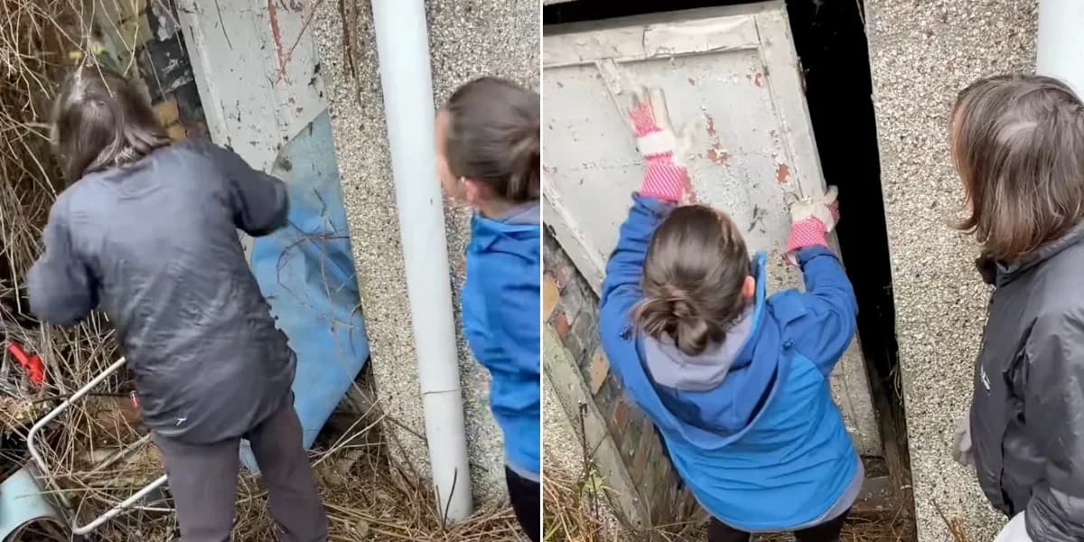 Two people opening a mysterious garden door