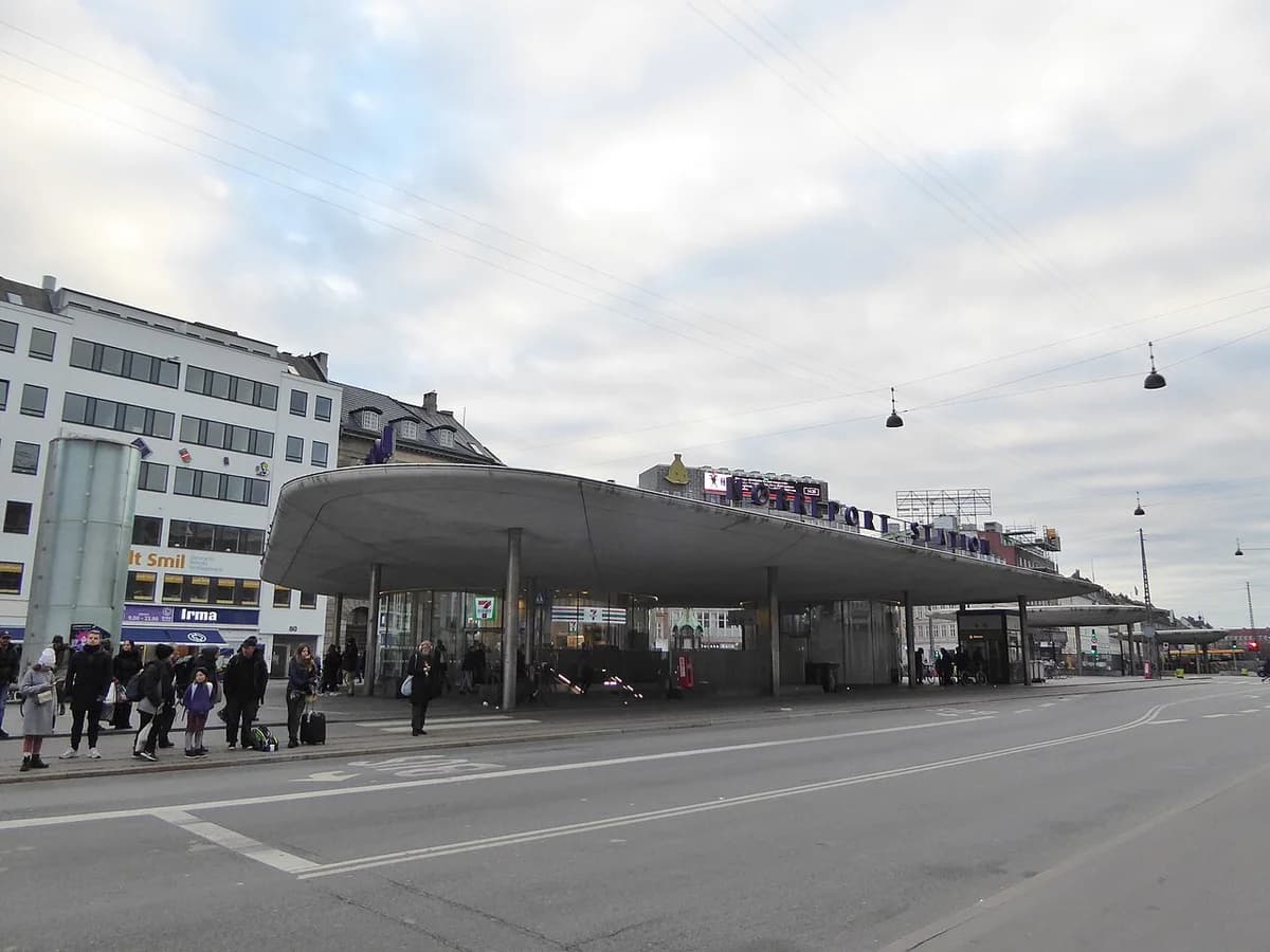 Nørreport Station in central Copenhagen with people outside the entrance.