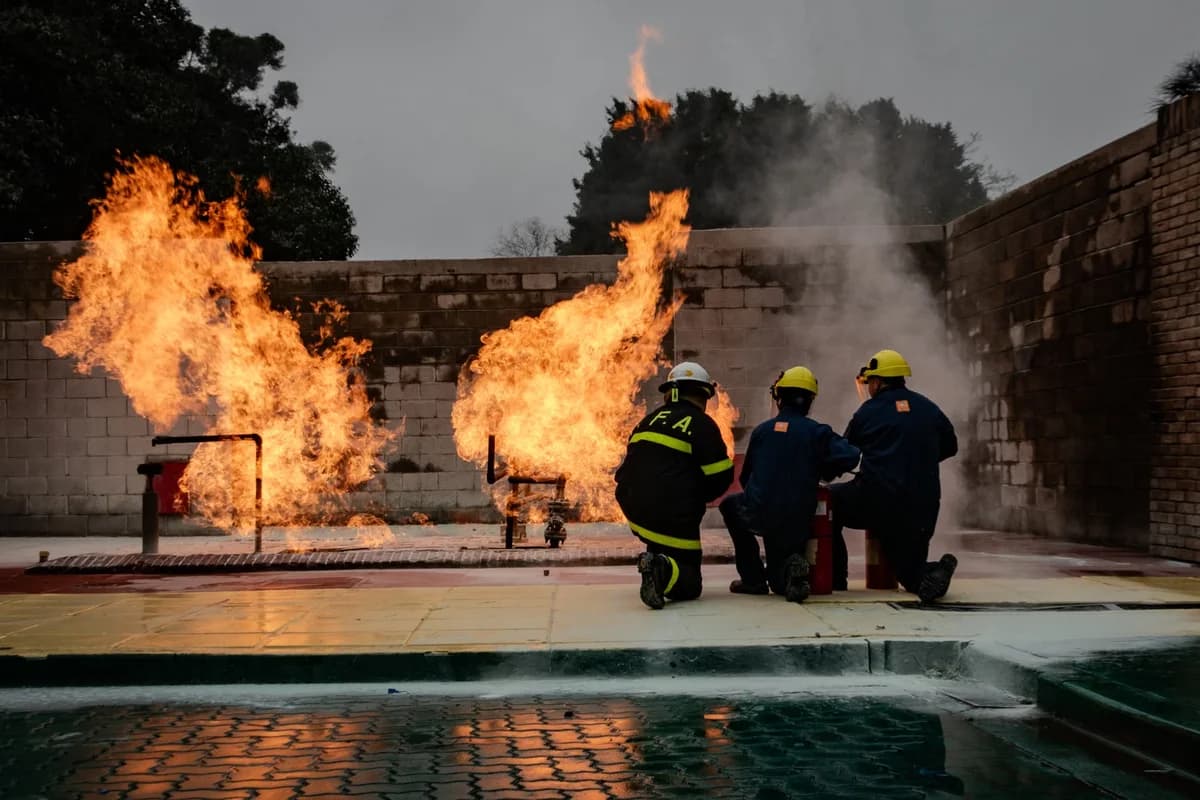 Firefighters kneel near large controlled flames during a training exercise.