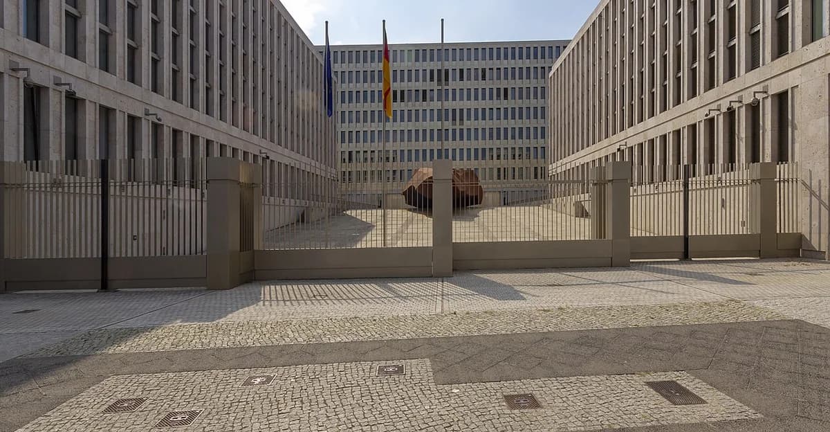 View of the BND headquarters building in Berlin behind a fence.