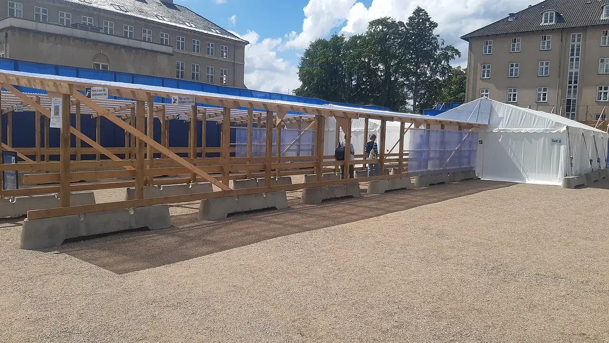 Outdoor COVID-19 testing tents at a hospital in Denmark.