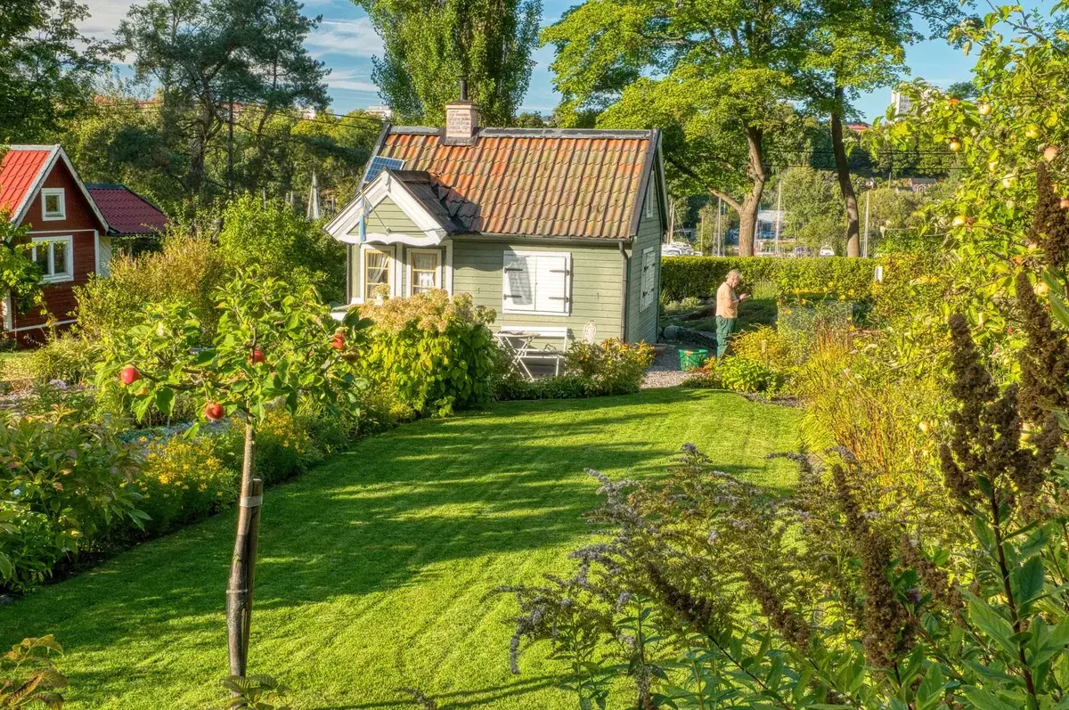 A lush summer garden with a small house in Stockholm.