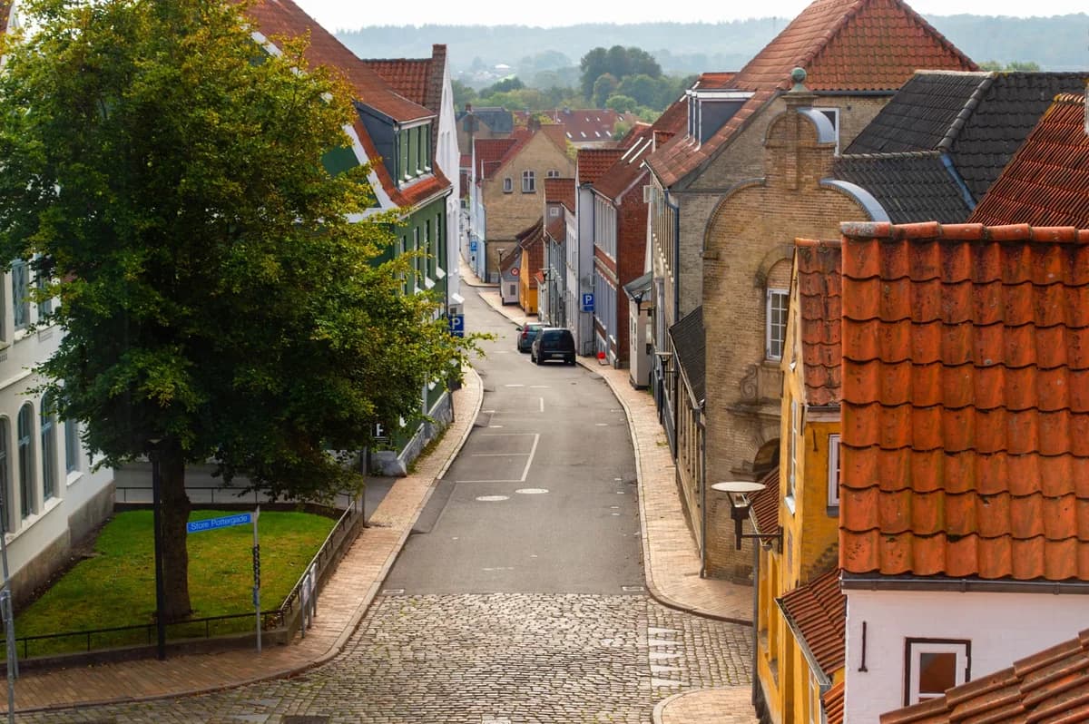 A cobblestone street with historic buildings and red-tiled roofs.