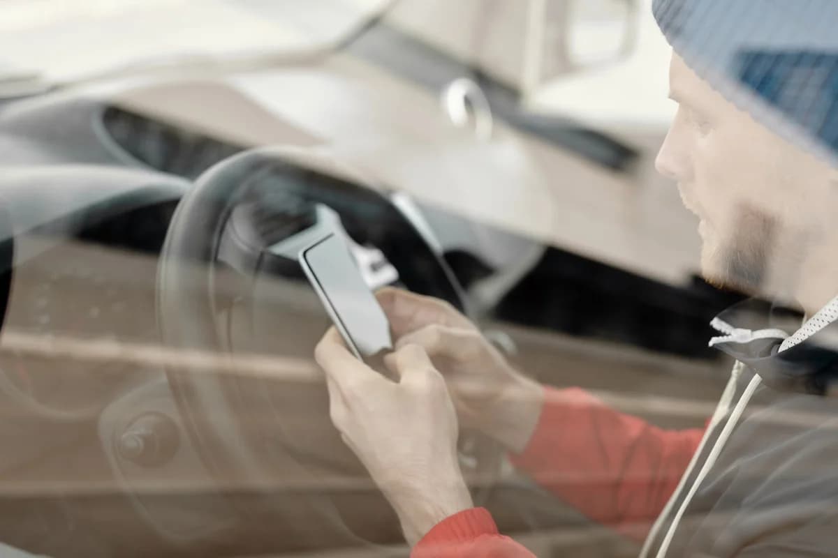 A man in a red hoodie uses a smartphone while sitting in a car.