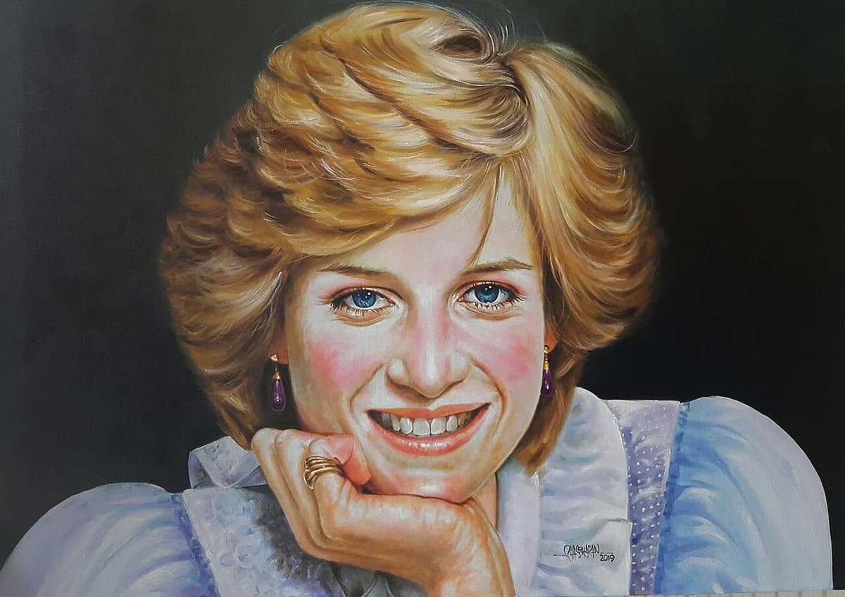 Oil portrait of Princess Diana smiling with her chin resting on her hand.