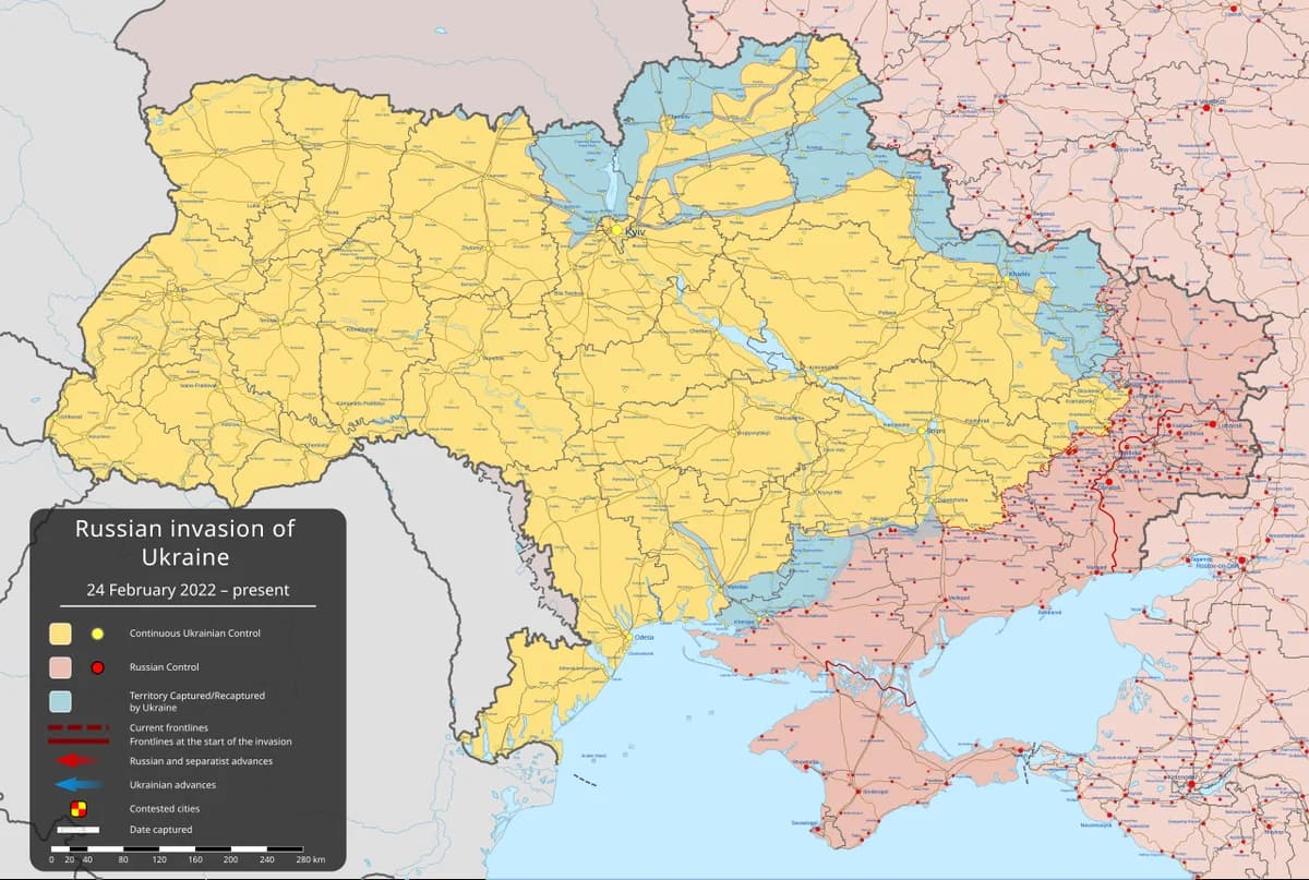 Map showing territorial control during the Russian invasion of Ukraine.