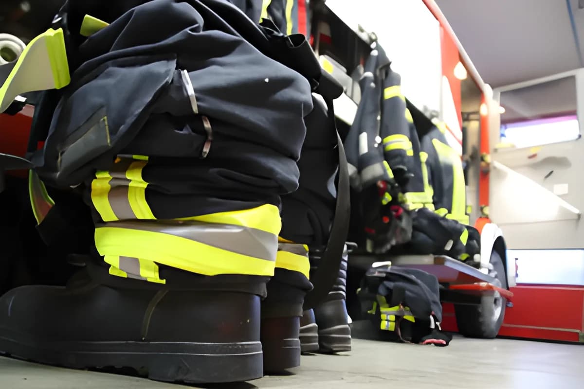 Firefighter boots and uniforms lined up near fire truck