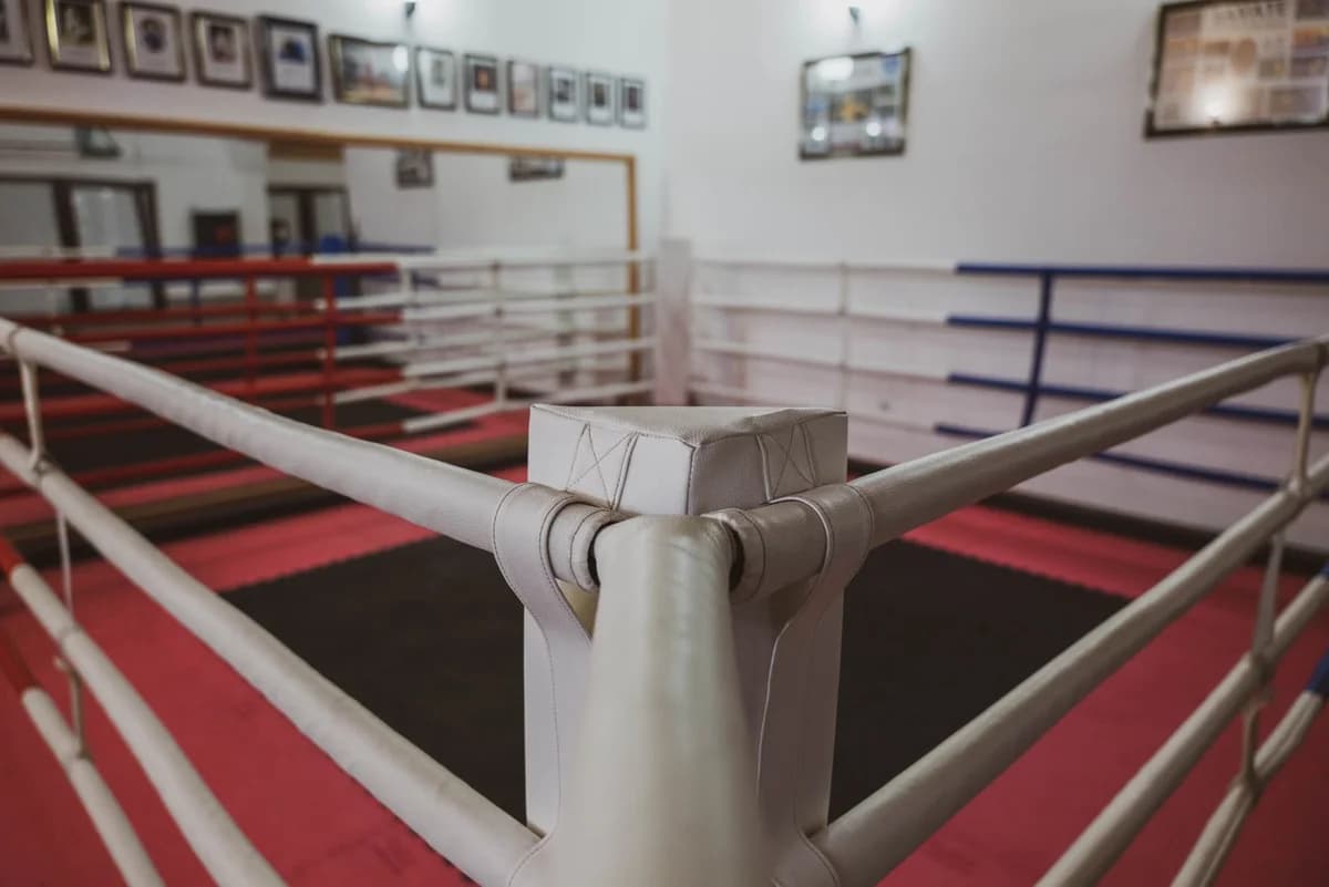 An empty boxing ring in a training room with red and blue ropes and a pink floor.
