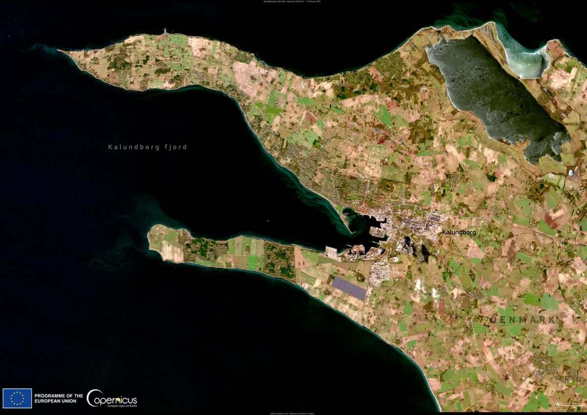 Satellite view of Kalundborg Fjord and the town of Kalundborg in Denmark.