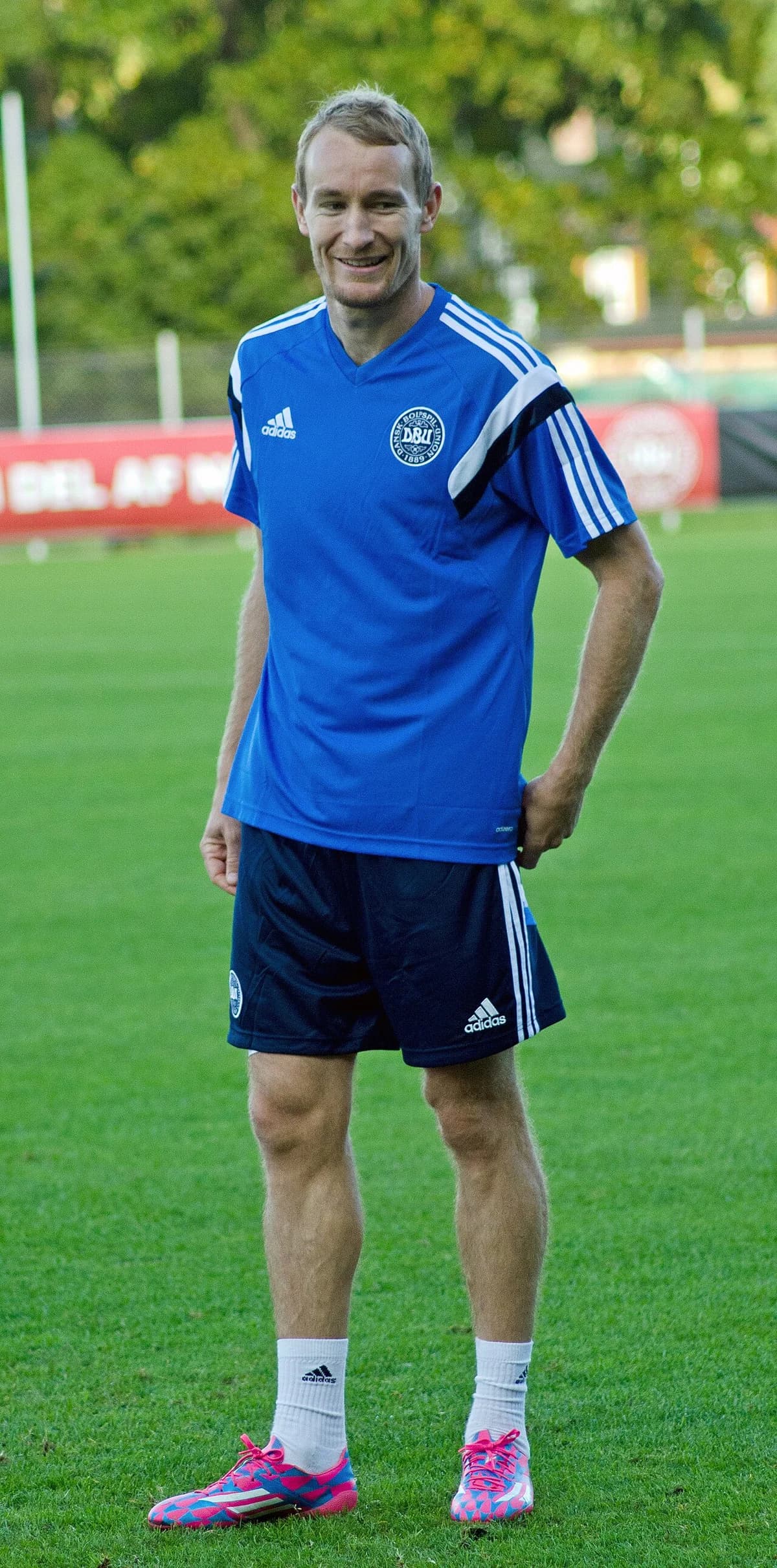 A male footballer in blue Danish training gear stands on a grassy field.