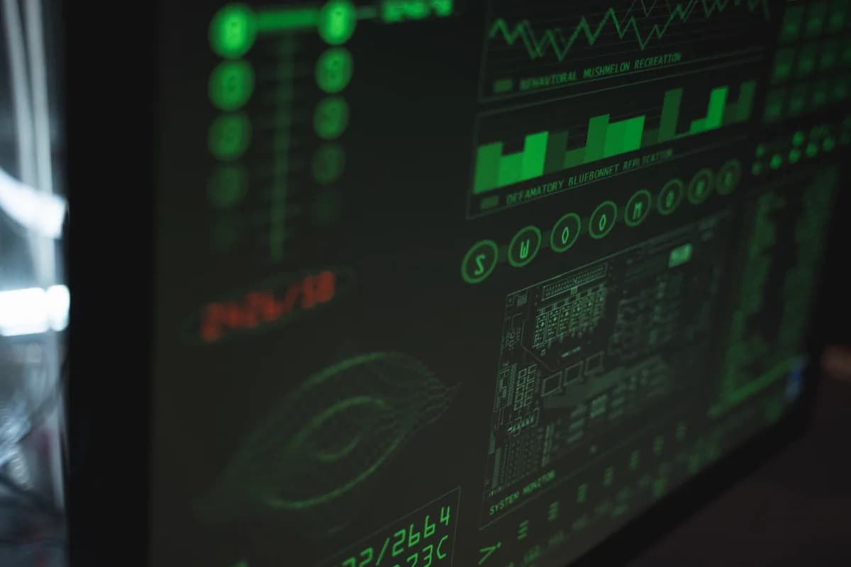 Close-up of a computer screen with green cybersecurity-style graphics and data monitoring panels.