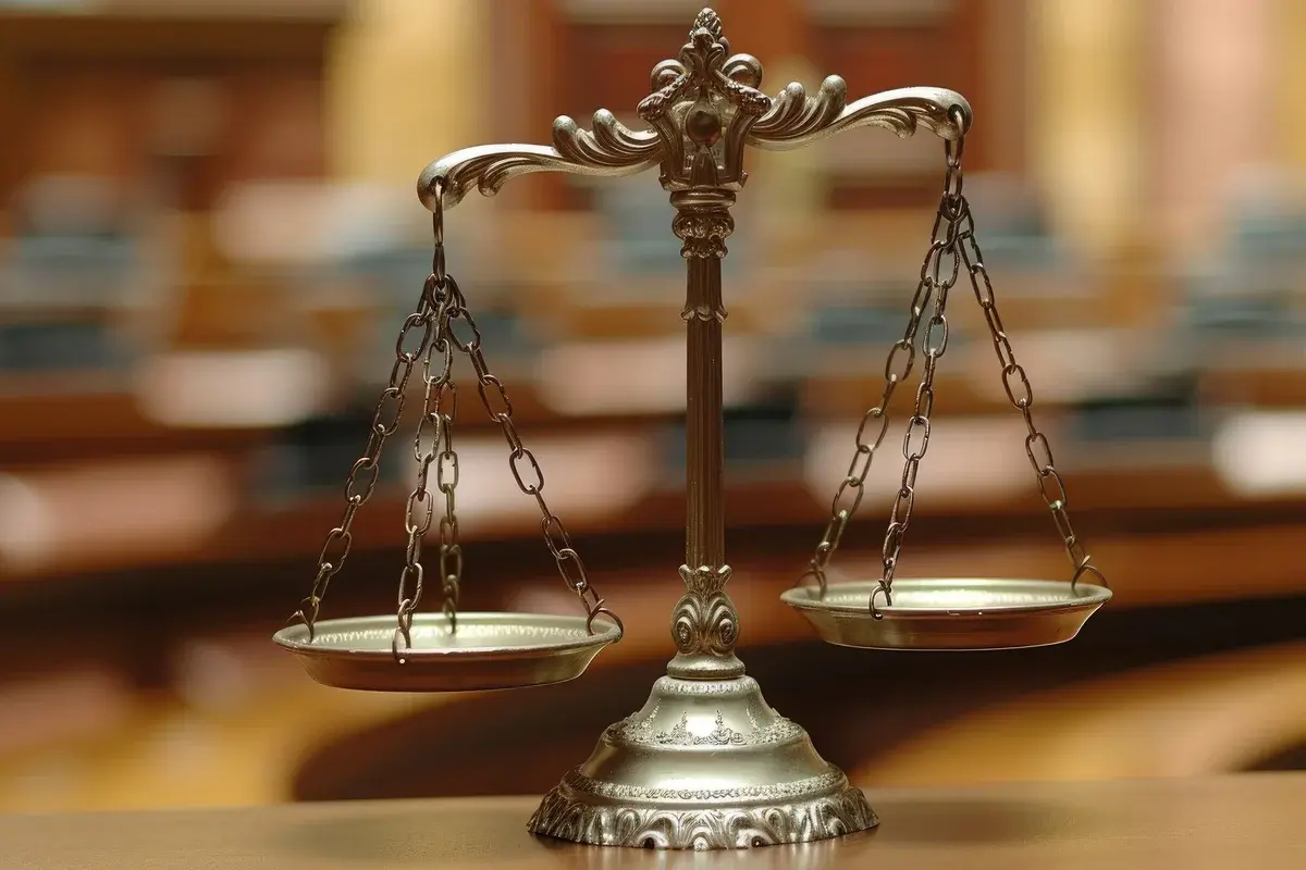 A decorative balance scale in a courtroom setting.