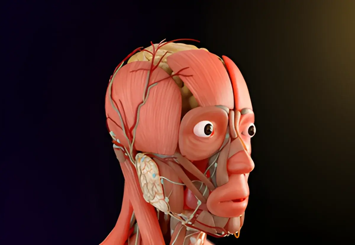 3D anatomical illustration of a human head showing muscles and nerves.