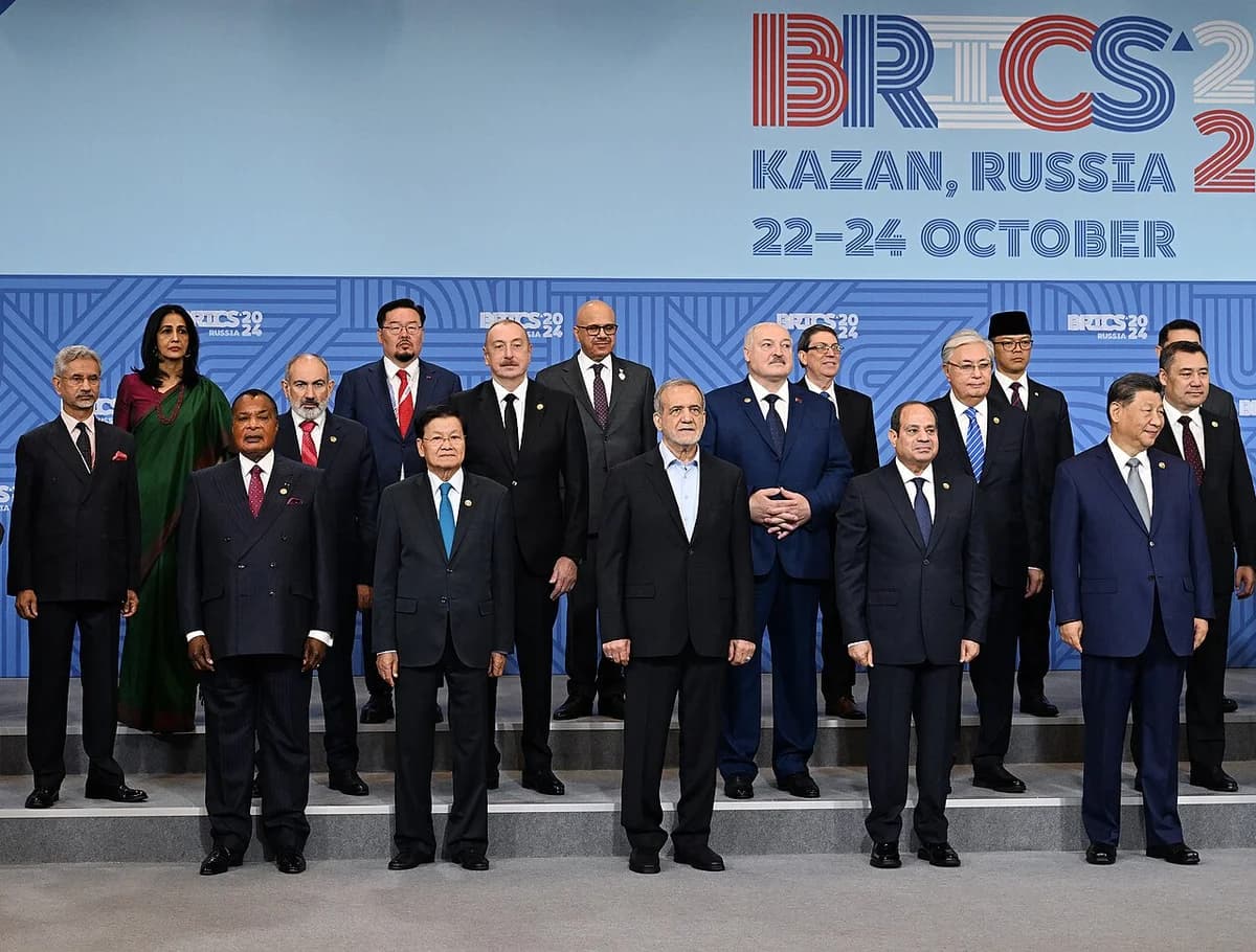 Group of officials posing at the BRICS Summit in Kazan, Russia.