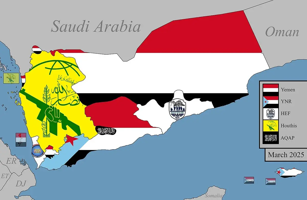 Map showing control areas in Yemen during the civil war.