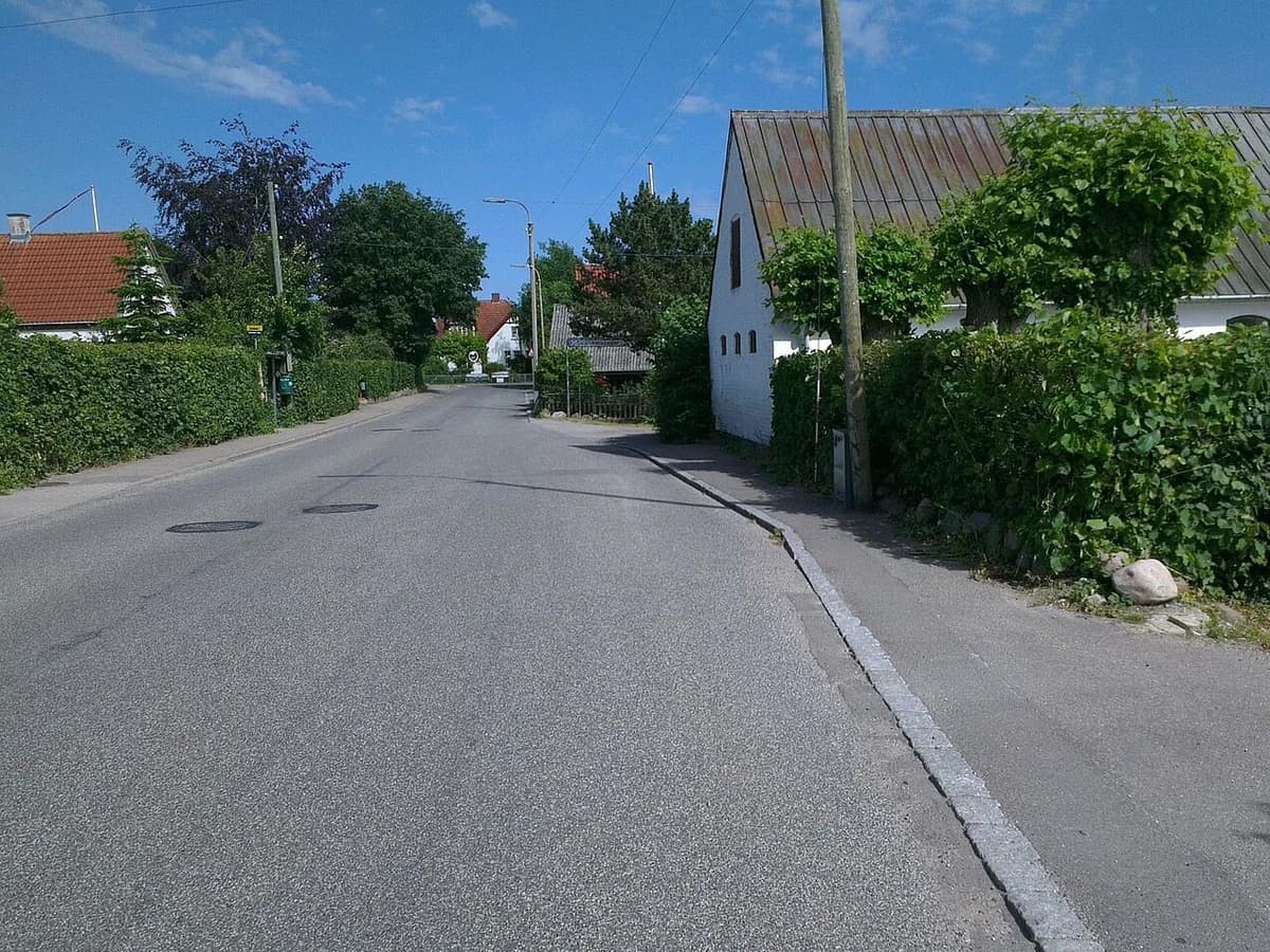 Quiet residential street in Skuldelev, Denmark, with houses and hedges.