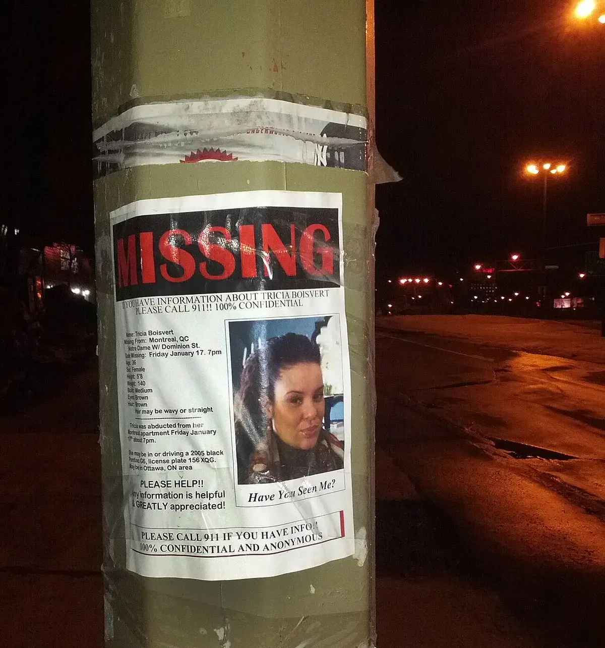Missing person poster for Tricia Boisvert on a pole at night