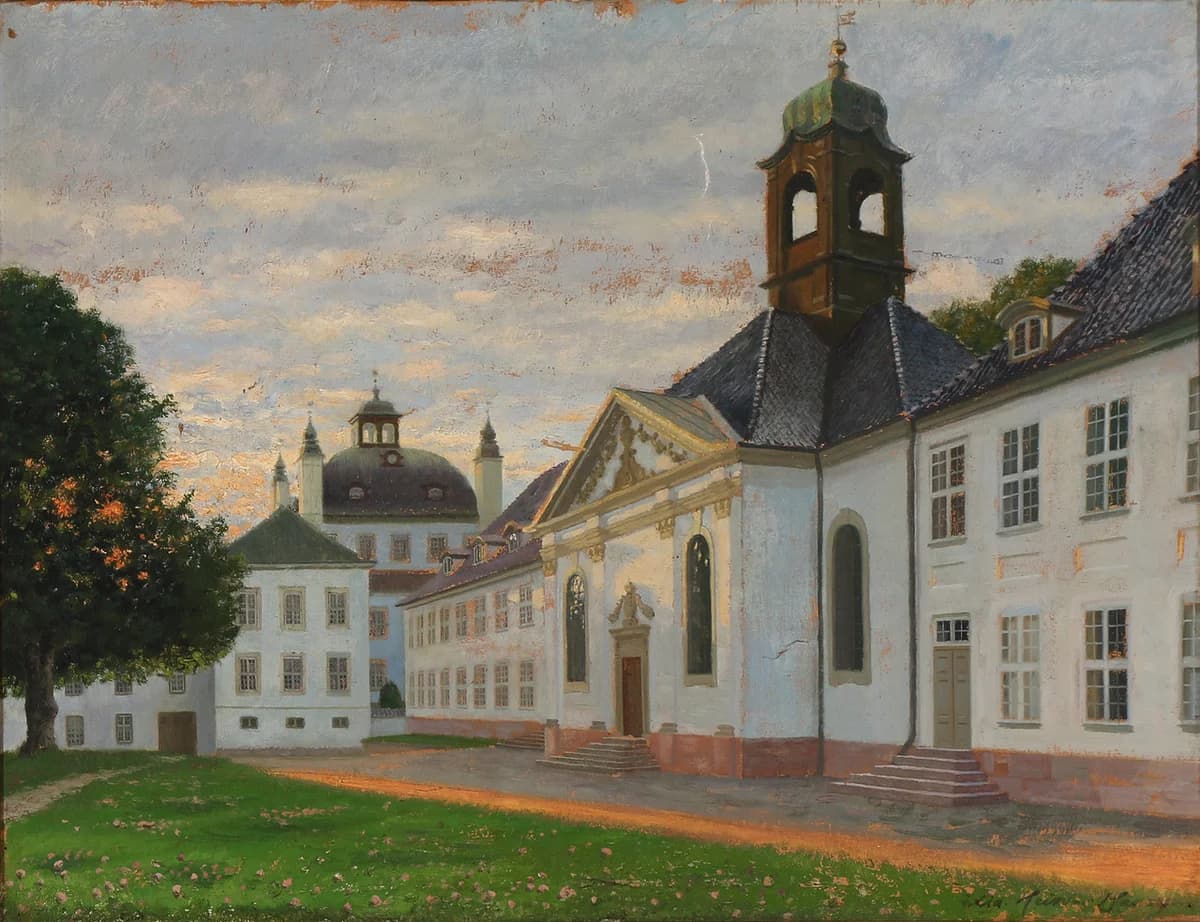 Painting of Fredensborg Palace with white buildings and a green-domed tower at dusk.