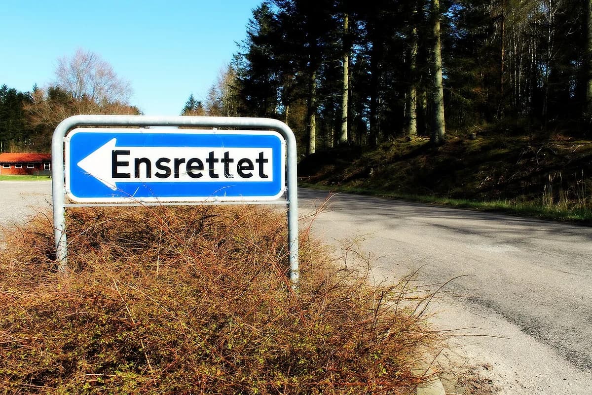 A Danish one-way road sign pointing left on a roadside.