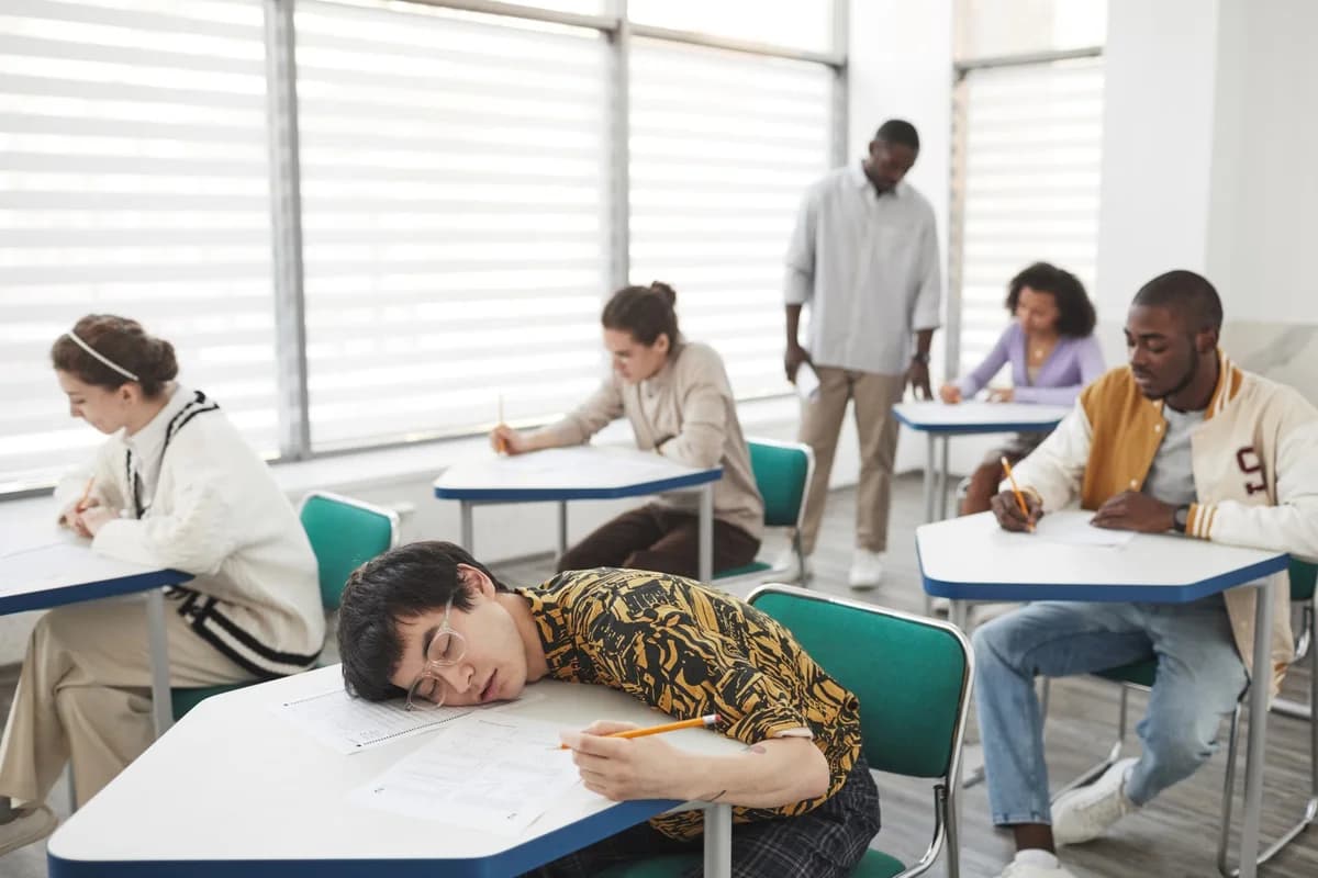 Students taking an exam in a classroom, one student asleep on desk
