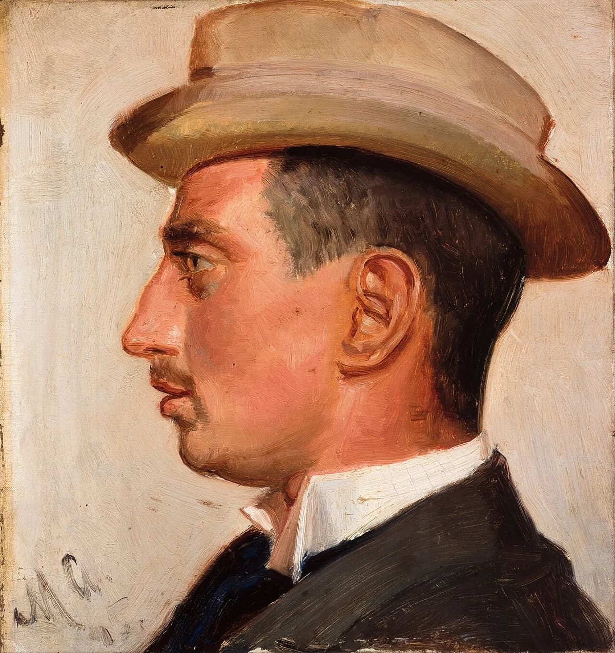 Side-profile painted portrait of a man in a hat.