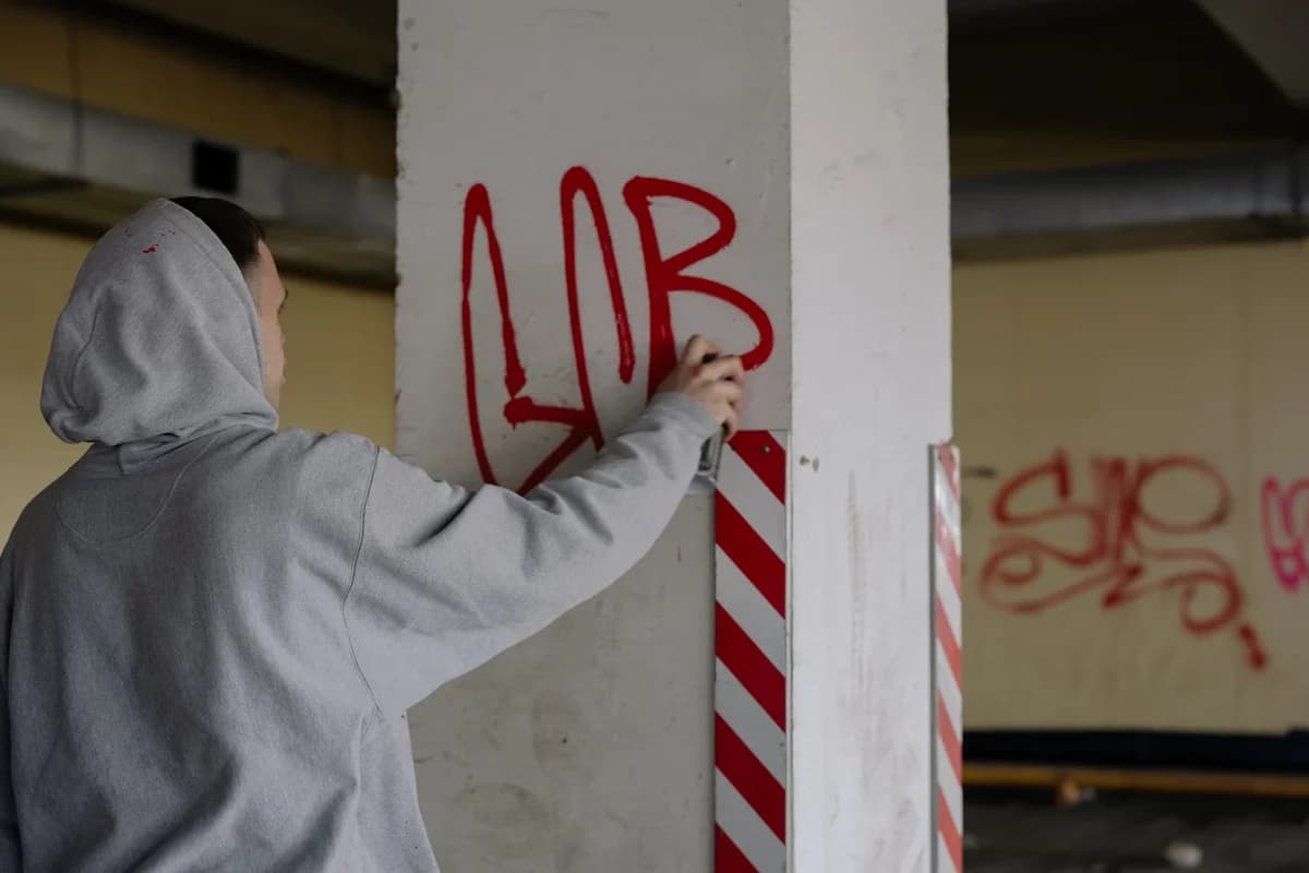 Hooded person spray painting graffiti on a concrete pillar
