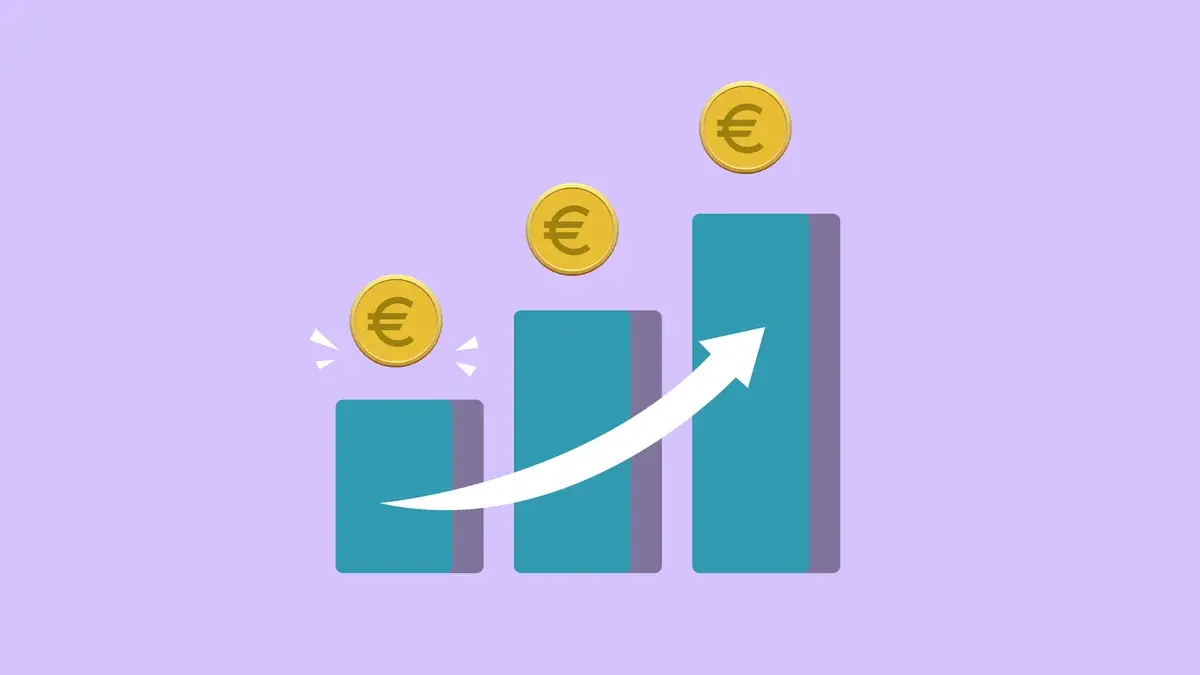Rising bar chart with euro coins and an upward arrow on a purple background.