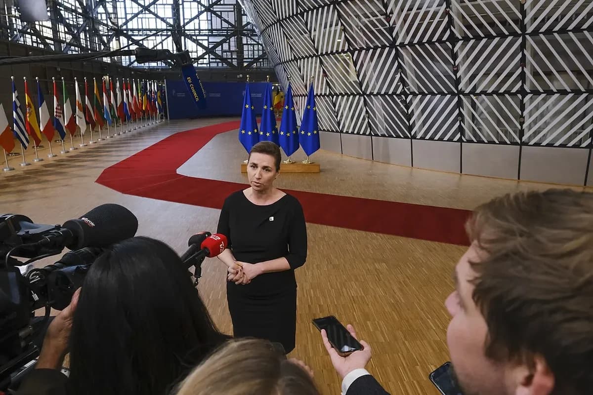 Mette Frederiksen speaking to reporters at the European Council in Brussels