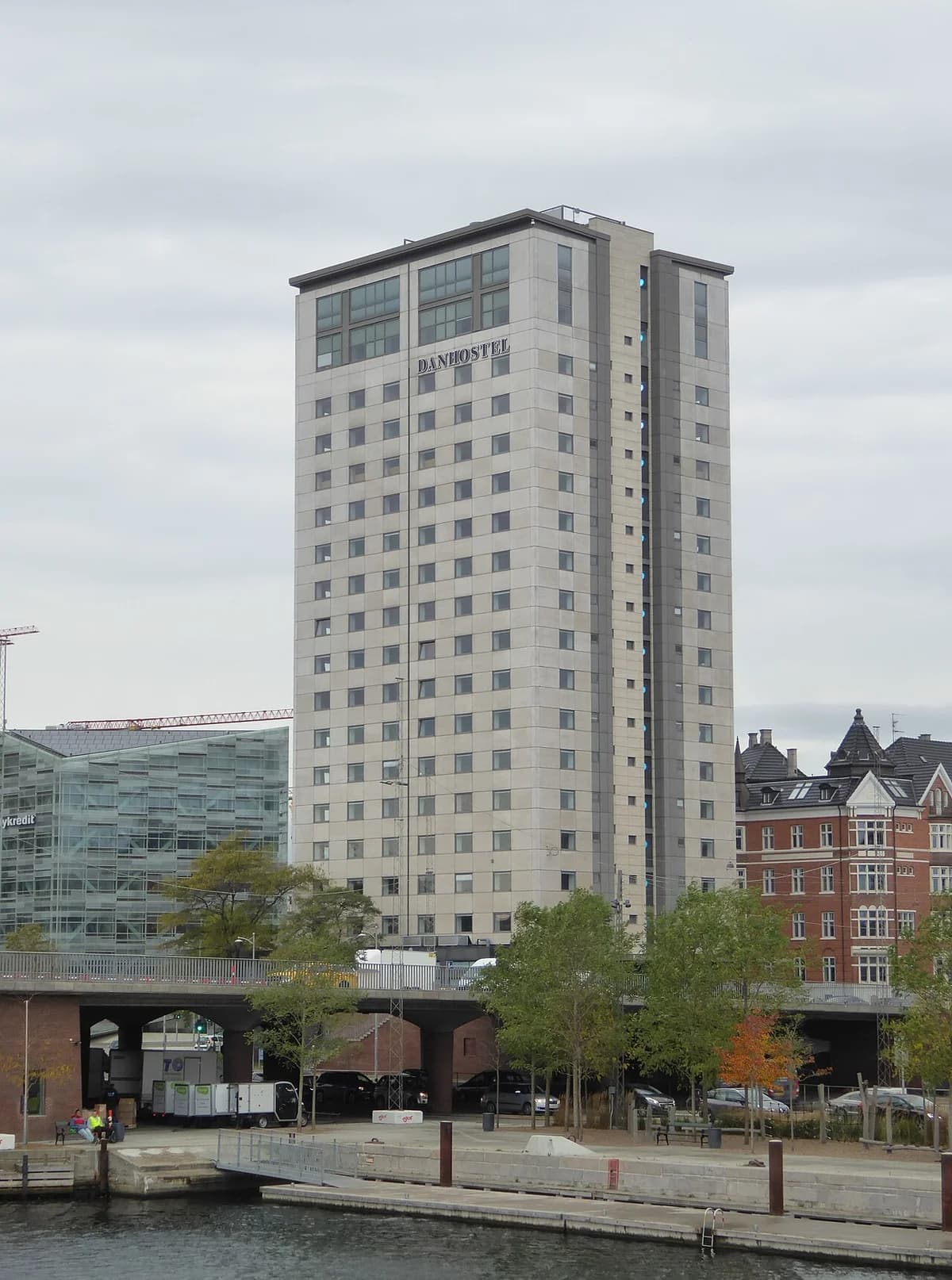 Tall Danhostel Copenhagen City building by the waterfront in Copenhagen.