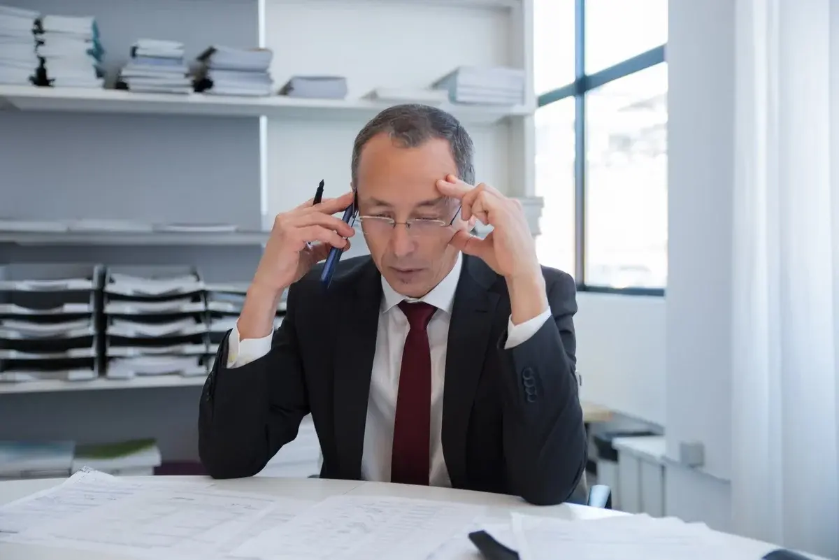 A stressed businessman sits at a desk with documents in a bright office.