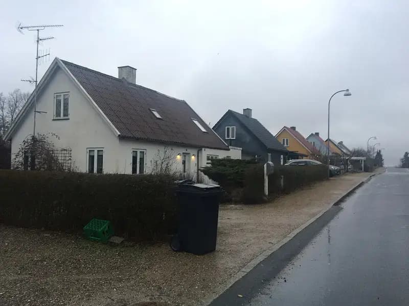Houses along a wet street on a cloudy day