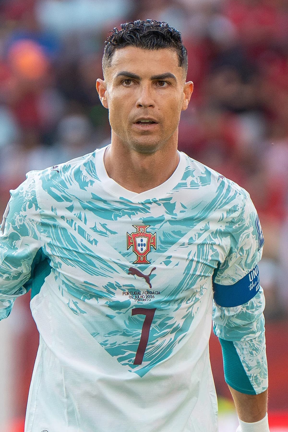 Cristiano Ronaldo in a Portugal soccer jersey during a World Cup match.