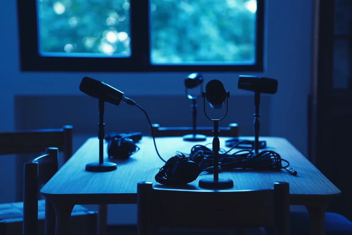 Podcast microphones and headphones on a wooden table in a dimly lit room.