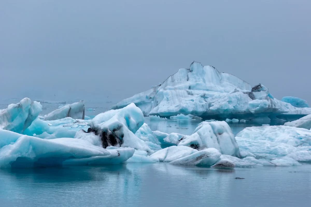 Icebergs floating in calm water on an overcast day.