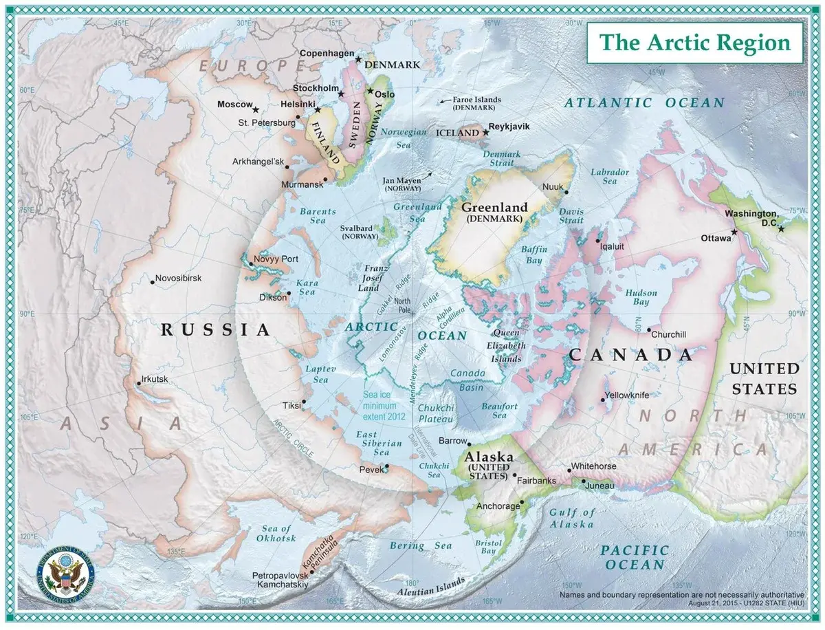 Political map of the Arctic region showing Arctic nations and territories.