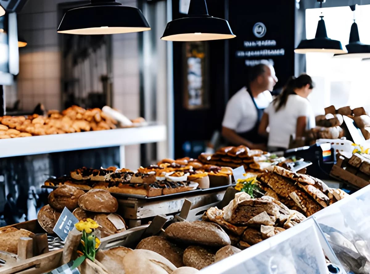 Assorted breads and pastries displayed in bakery