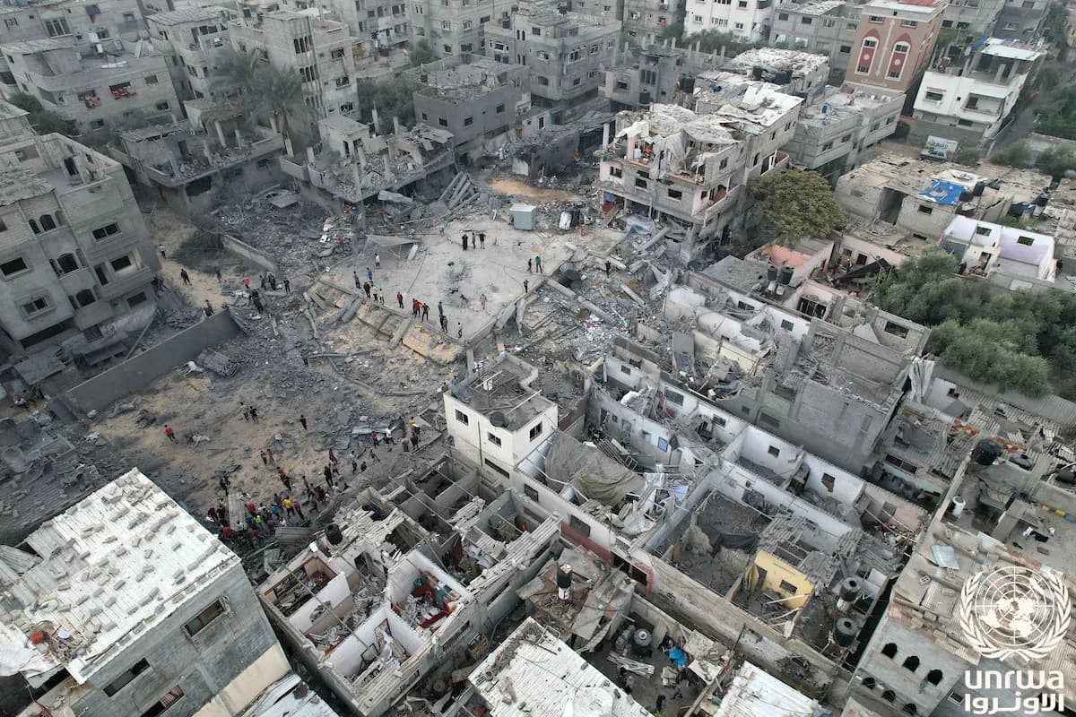 Aerial view of heavily damaged buildings and rubble in Nuseirat camp, Gaza