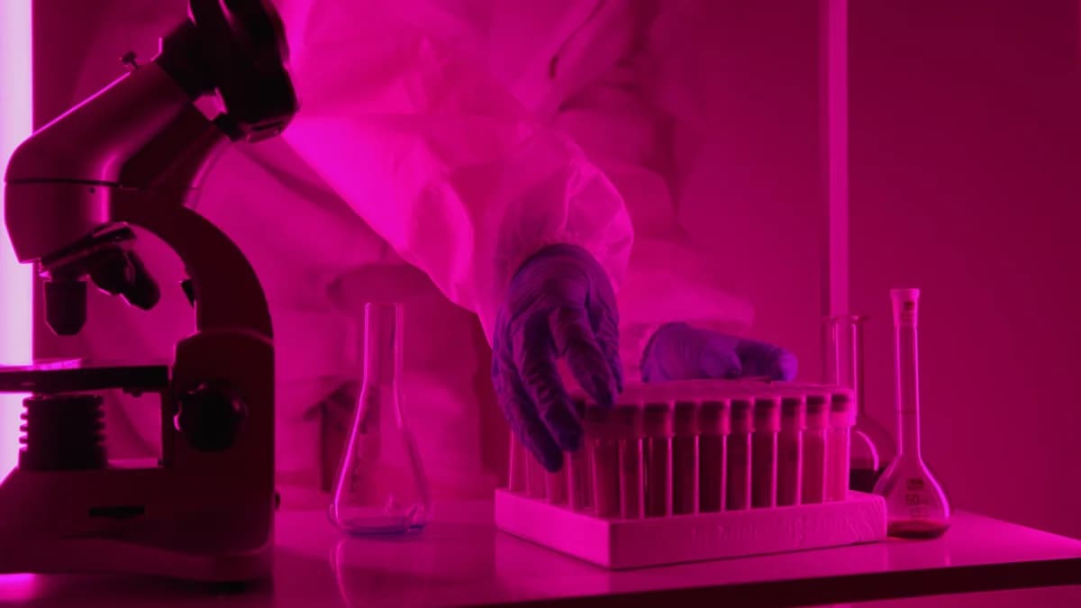 Scientist handling test tubes in lab with pink lighting