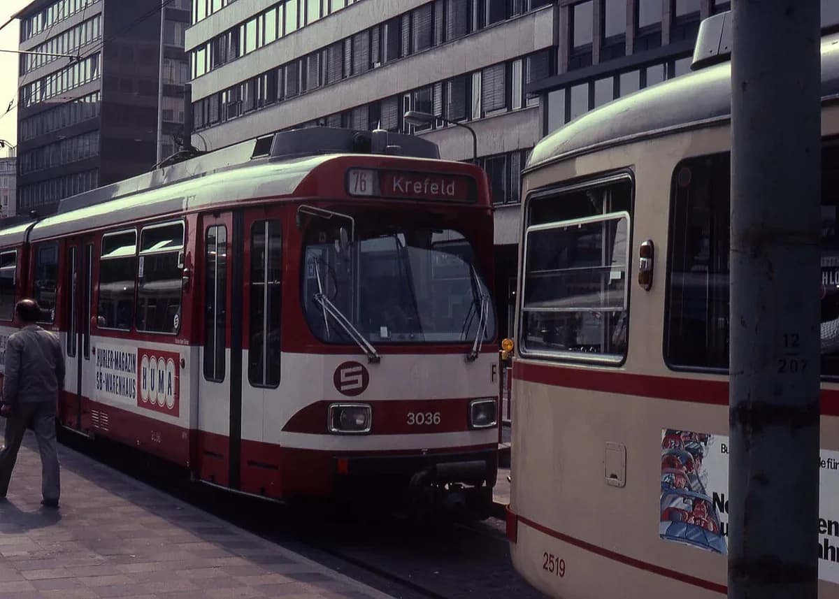 Two trams at a city tram stop in Düsseldorf